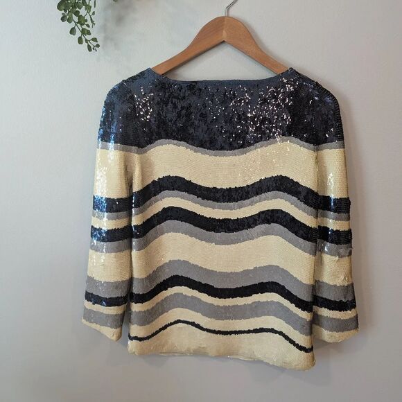 Tory Burch Black and Cream Sequin Blouse - Picture 2 of 11